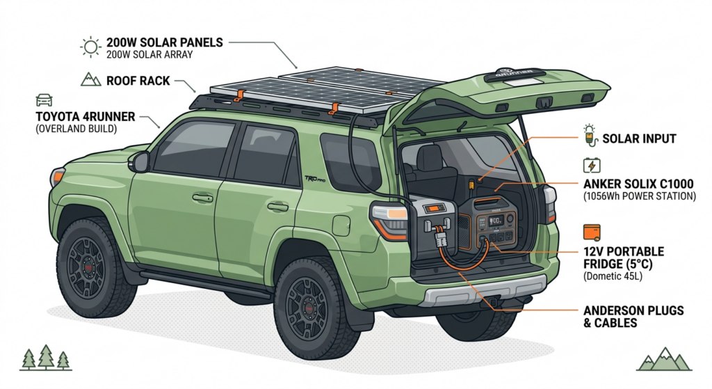SUV fridge setup without draining car battery - Hero image showing SUV with fridge and power station setup