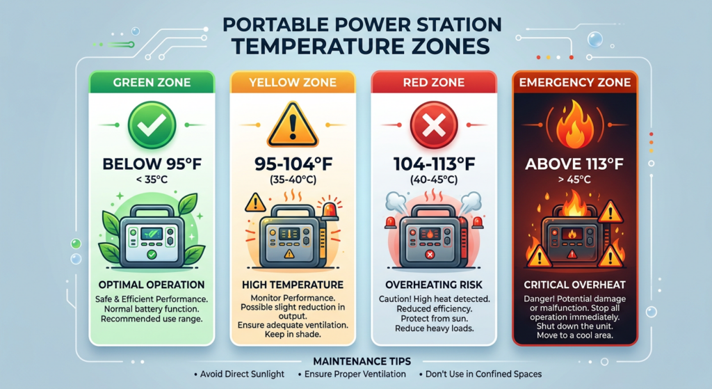 Temperature safety infographic for portable power stations - Visual guide to safe temperature ranges