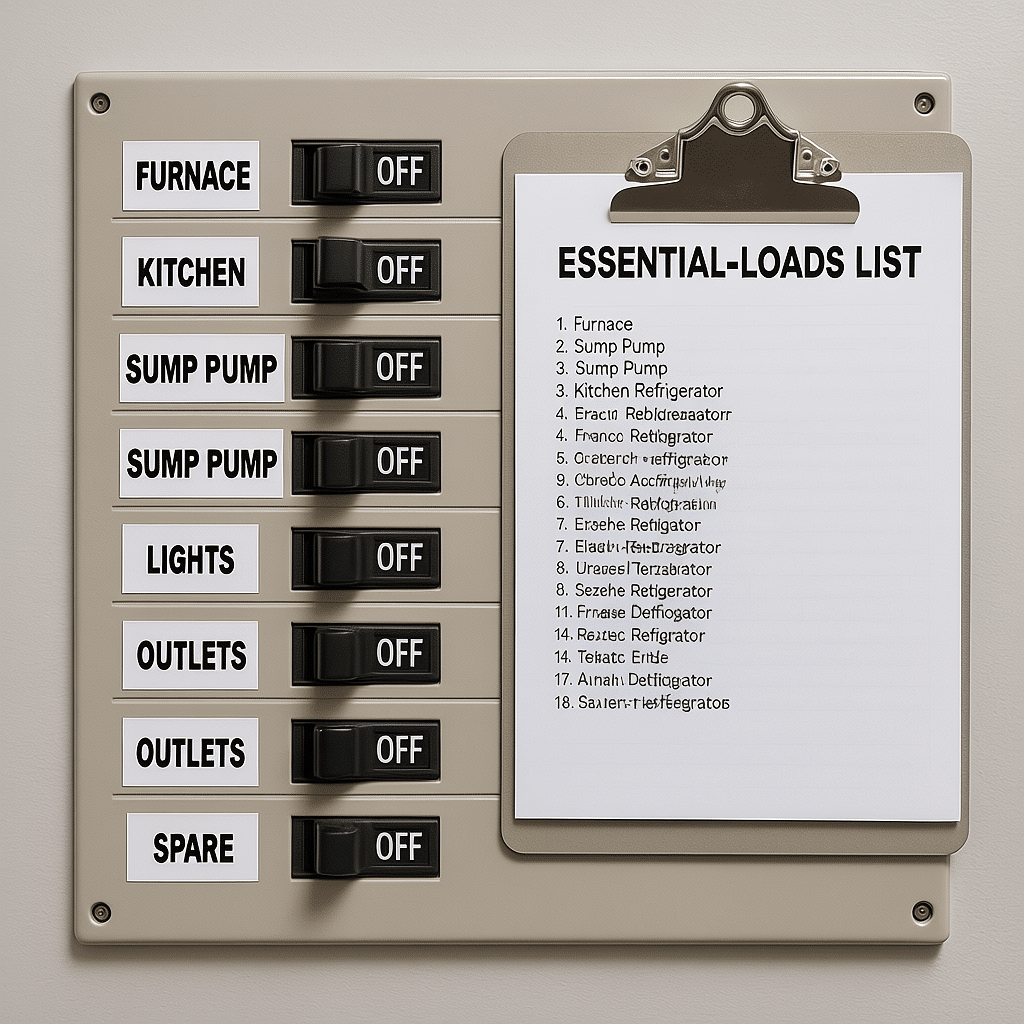 Essential loads list next to a manual transfer switch for outage planning