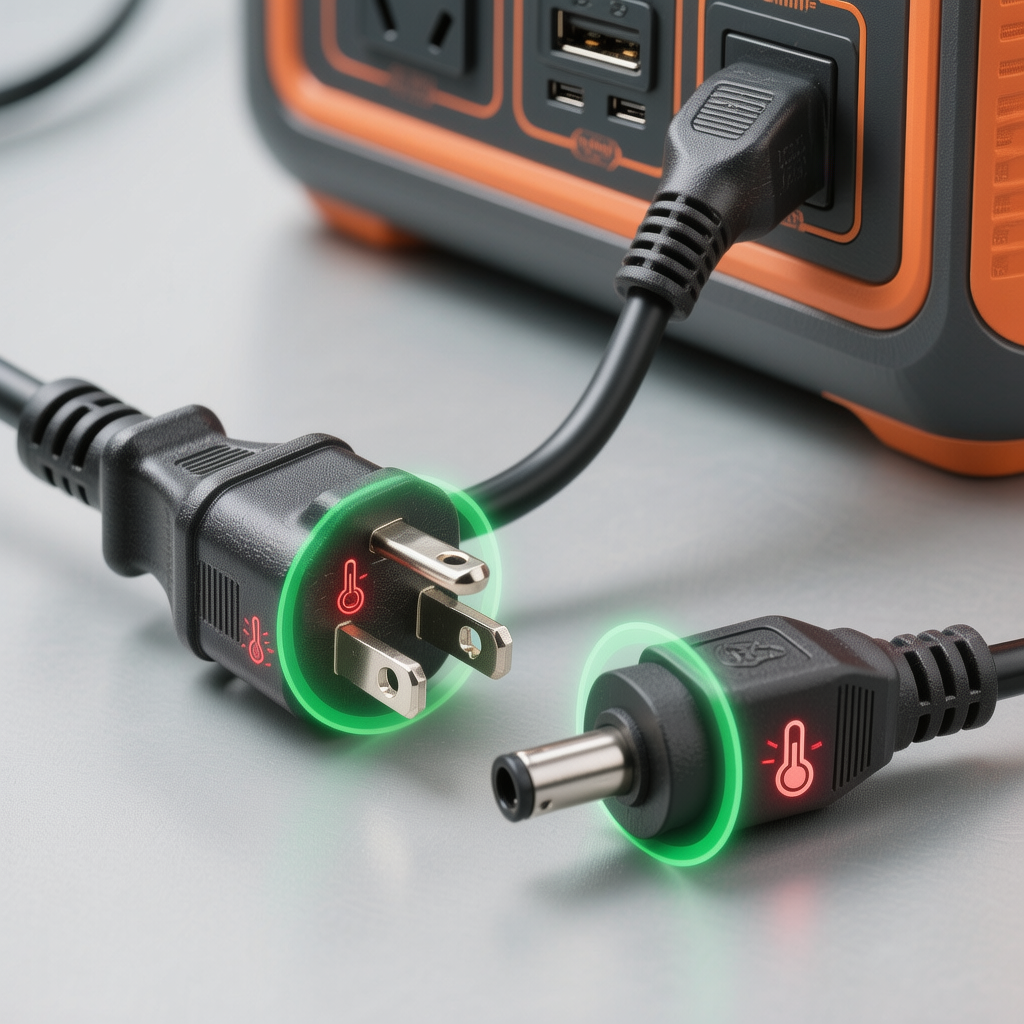 Touch-check points for heat: inlet cord ends, plug bodies, and power station outlet area