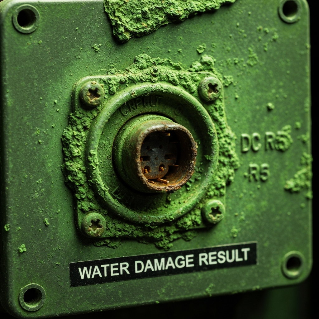 Failing to protect portable power station from rain leads to corrosion and port failure.