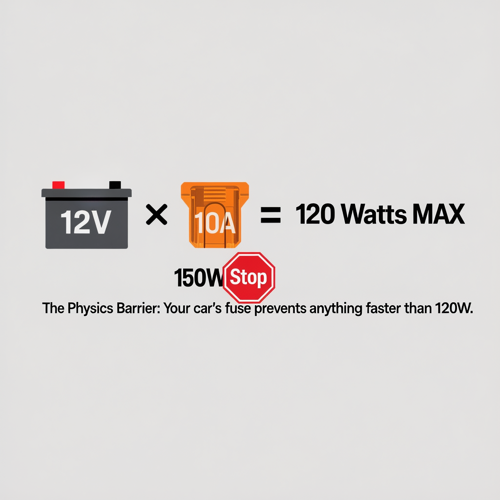 Chart showing 12V times 10A equals 120W physical limit explaining power station car charging slow.