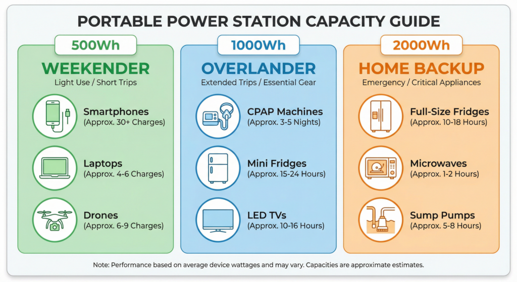 Visual comparison chart of what 500Wh 1000Wh and 2000Wh power stations can run.