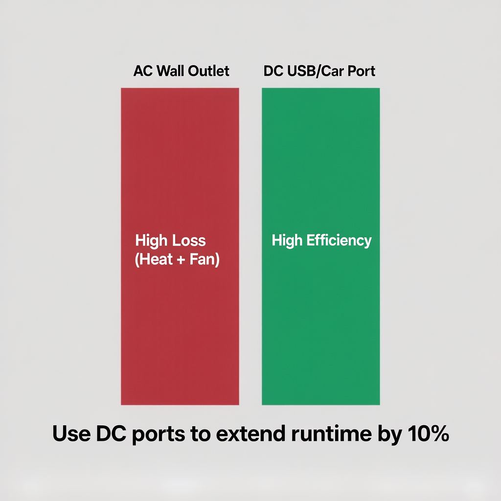 Bar chart comparing AC inverter loss vs DC efficiency for power station runtime calculator.