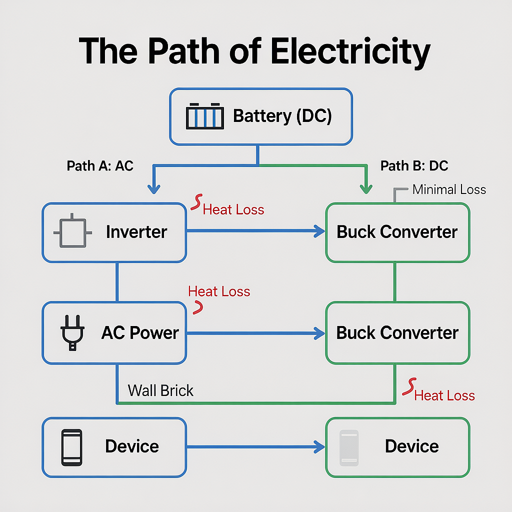 Diagram explaining the double conversion energy loss trap in AC power stations.