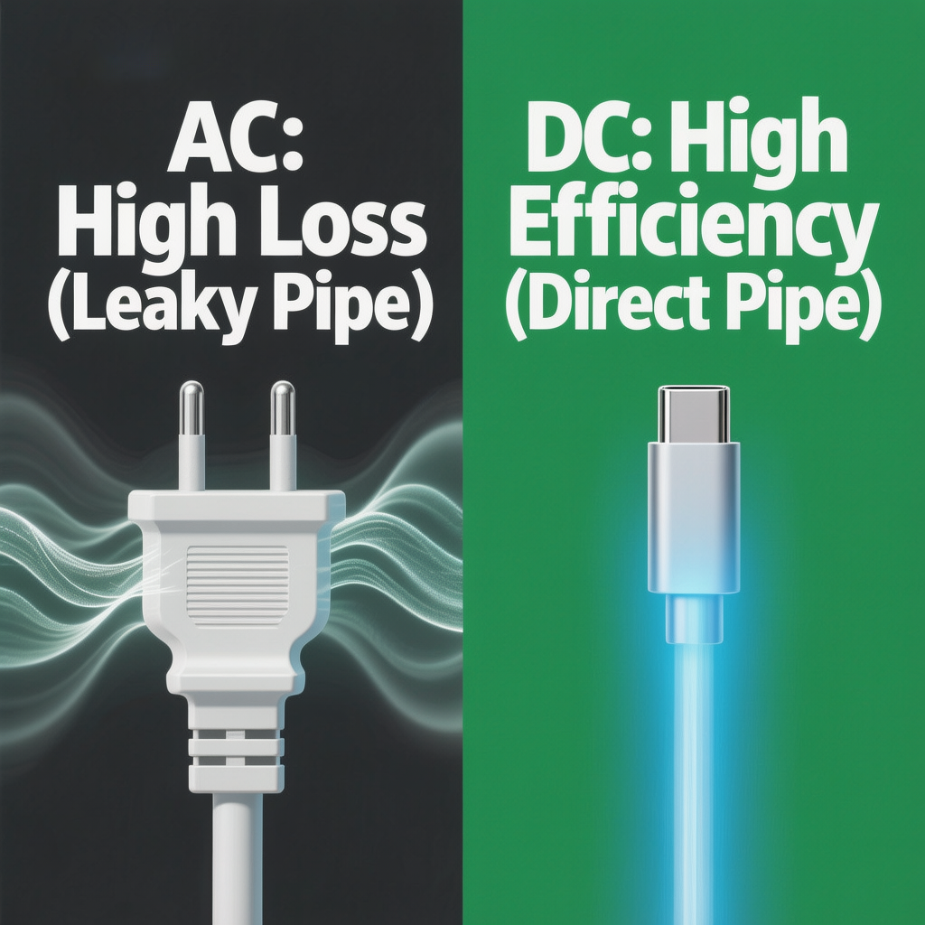 AC vs DC efficiency power station comparison showing energy loss through heat vs direct flow.