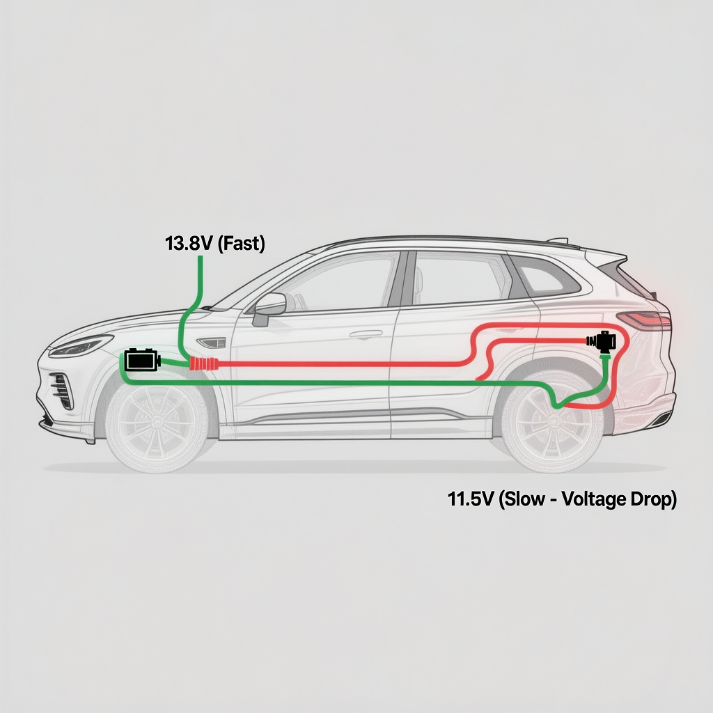 Diagram comparing voltage drop between front dashboard socket and rear trunk socket causing slow charging.