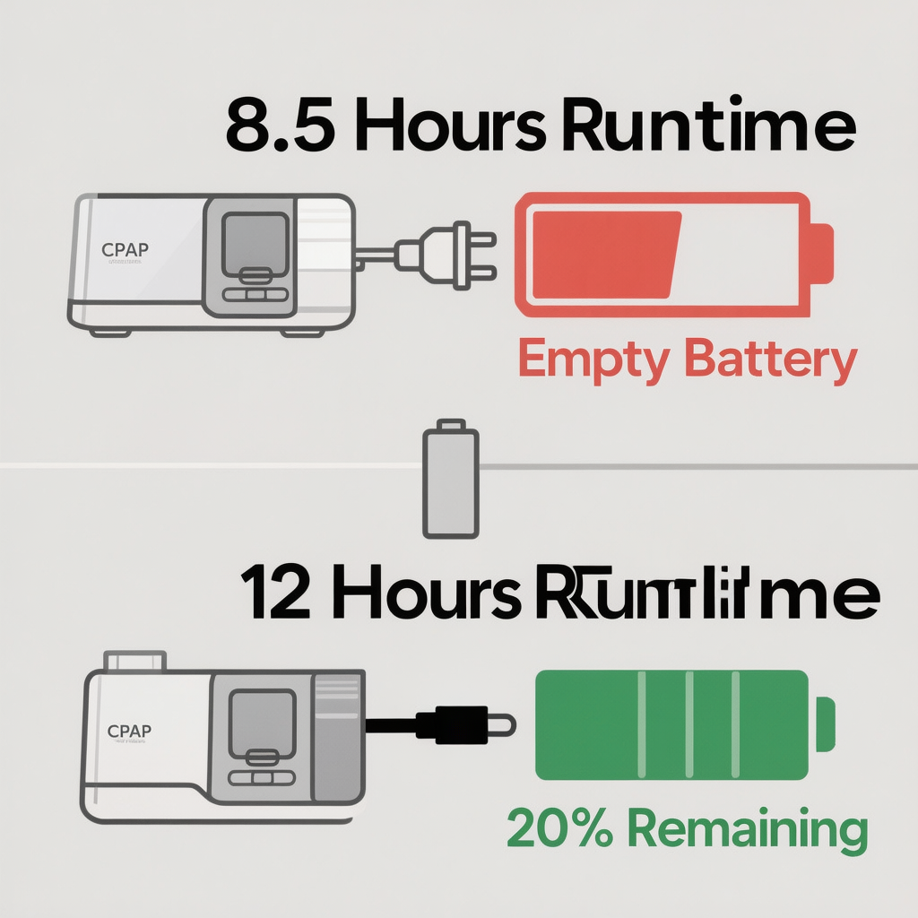 Infographic comparing CPAP runtime hours on AC vs DC power.