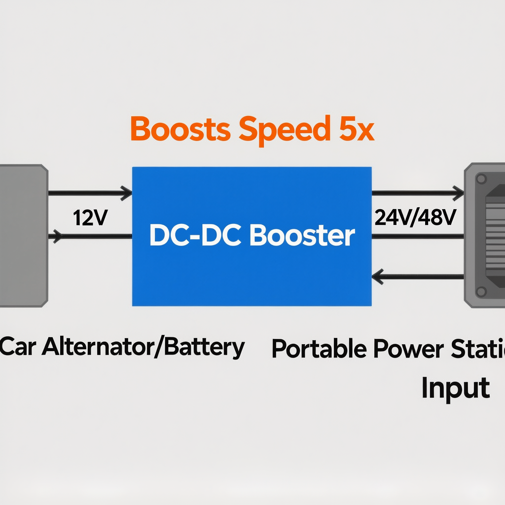 Wiring diagram of a Victron Orion DC-DC charger boosting car charging speed to 500W.