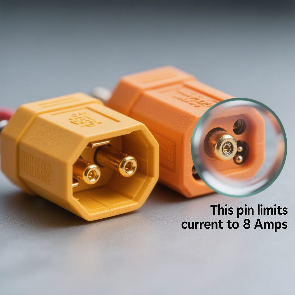 Macro photo comparing standard yellow XT60 vs orange EcoFlow XT60i connector signal pin.