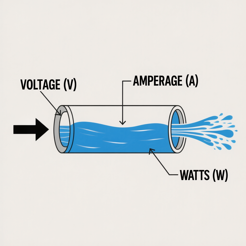 Water pipe analogy explaining the relationship between Voltage, Amperage, and Watts for off-grid engineering.