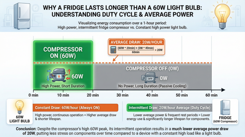 Timeline graph showing fridge compressor cycling on and off for power station runtime calculation.