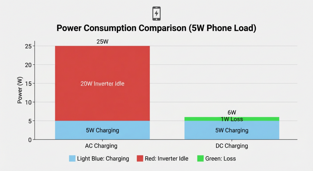 Bar chart showing inverter idle consumption impact on power station efficiency.