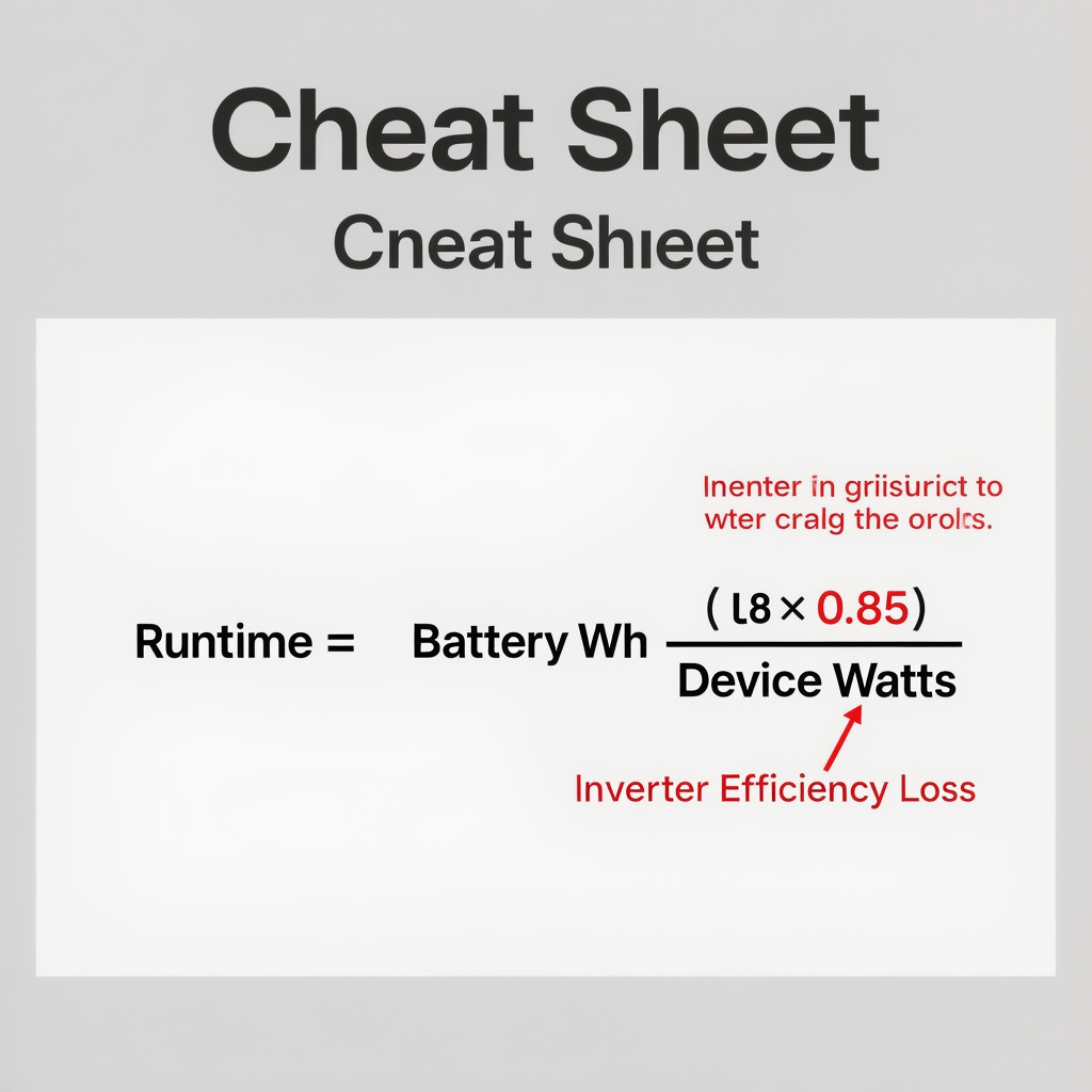 Mathematical formula for calculating watts vs watt-hours power station runtime including inverter efficiency.