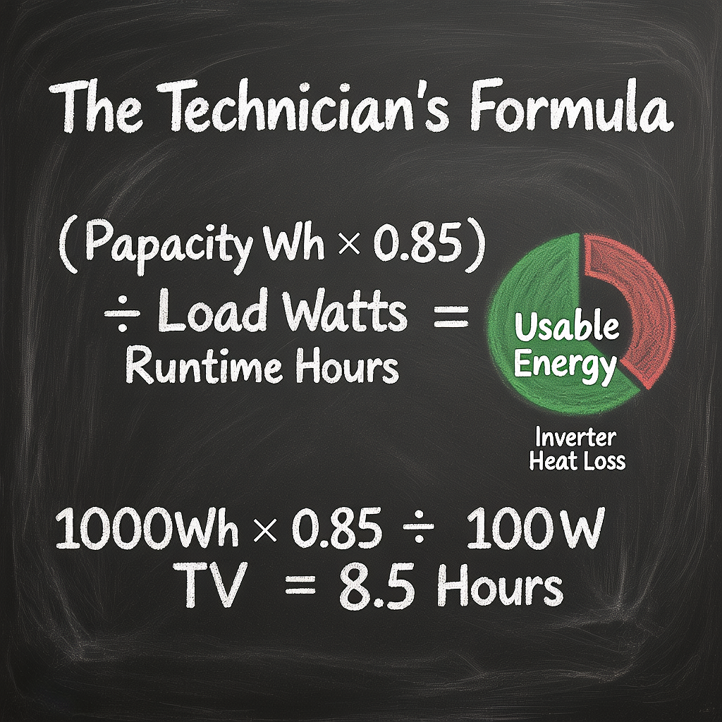 Infographic showing the proven formula to calculate portable power station runtime with 85 percent efficiency.