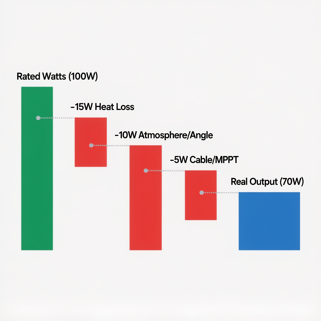Waterfall chart showing solar panel efficiency losses due to heat and atmosphere explaining why power station solar charging slow.