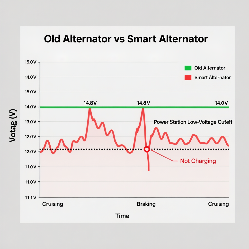 Chart showing alternator voltage drop while cruising vs braking causing power station not charging from car.