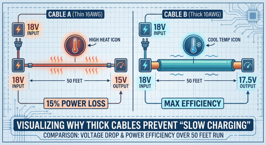Comparison of 14AWG vs 10AWG solar cables showing voltage drop causing power station solar charging slow.