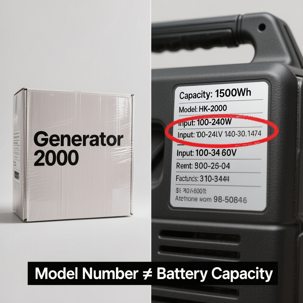 Visual comparison of misleading solar generator model numbers versus the actual technical specifications sticker.