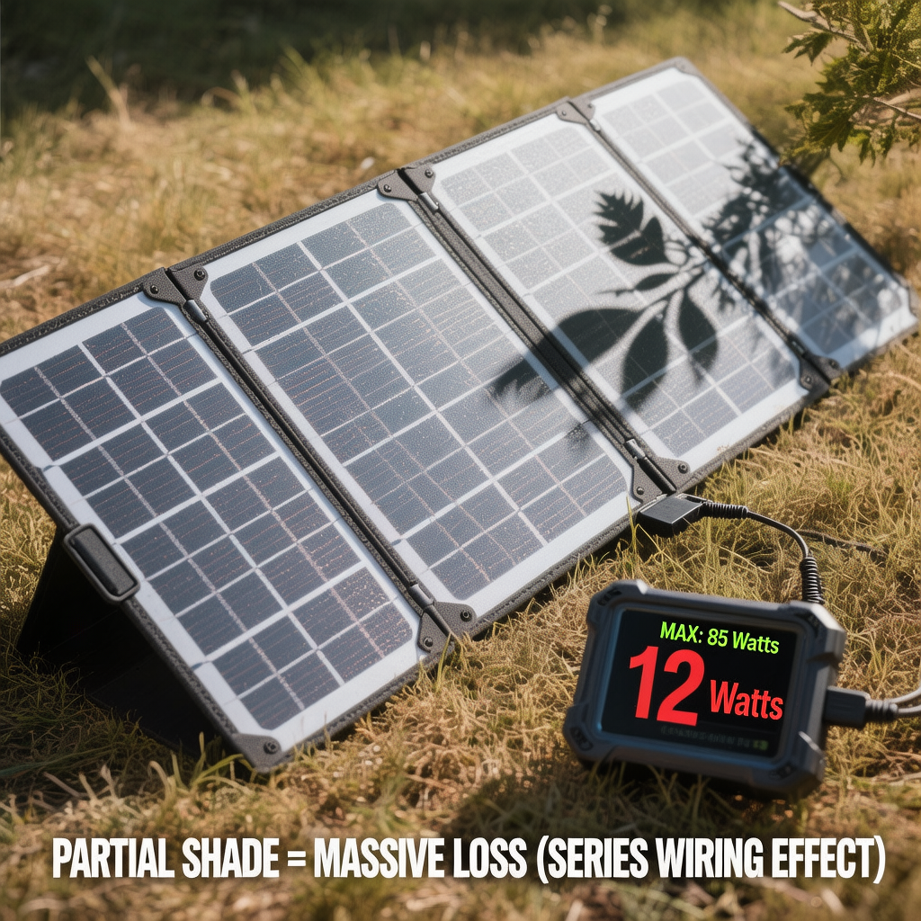 Illustration of how small shadows drastically reduce solar output causing power station solar charging slow errors.