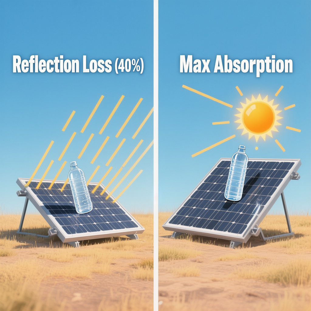 Diagram showing correct 90 degree sun angle using a water bottle to fix power station solar charging slow.
