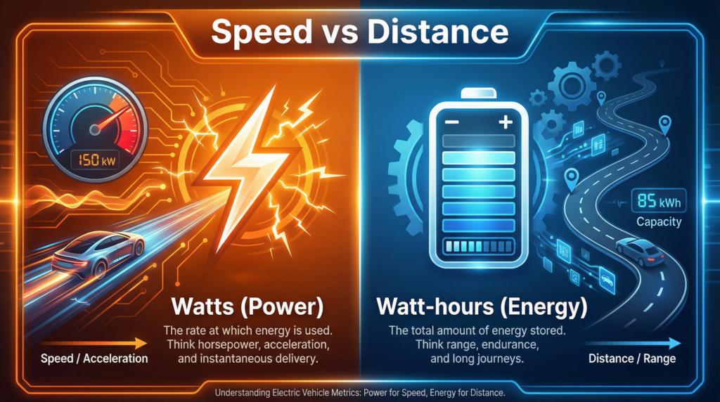 Watts vs Watt-hours power station comparison showing inverter power output versus battery energy storage capacity.