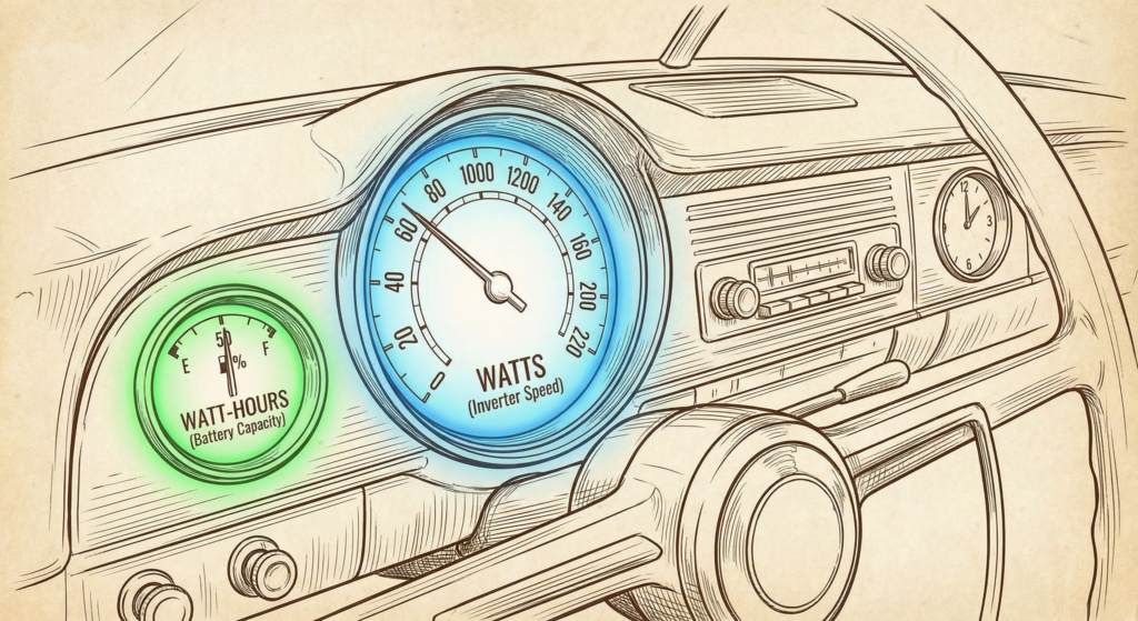 Illustration comparing Watts to a car speedometer and Watt-hours to a gas tank to explain power station specs.