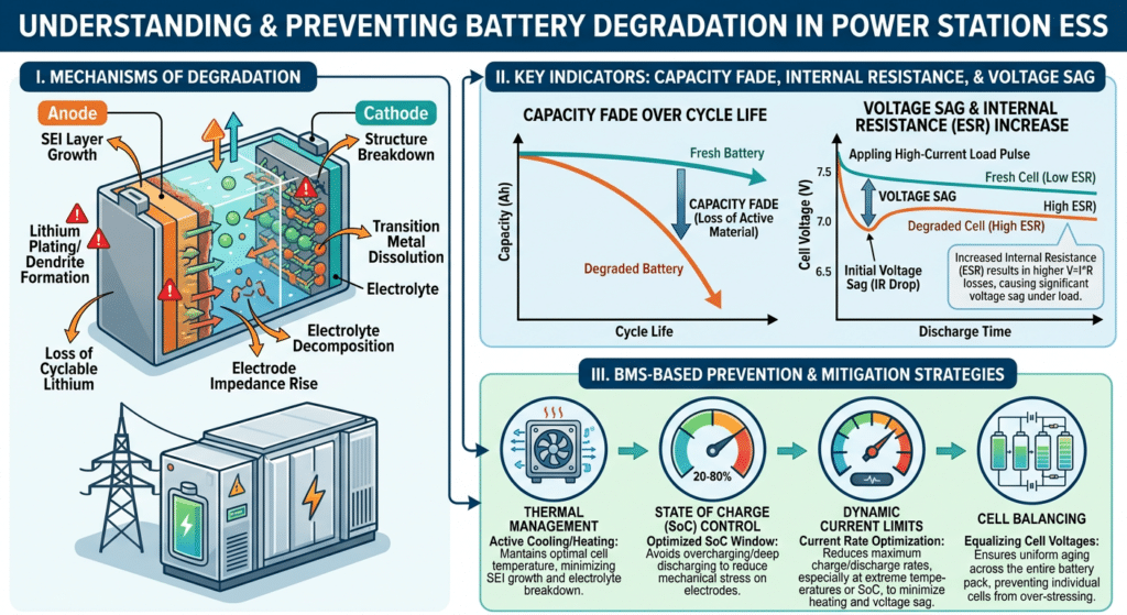 battery degradation power station prevent diagram showing capacity fade internal resistance and voltage sag