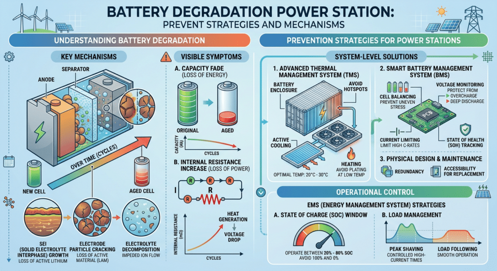 battery degradation power station prevent strategies showing capacity fade and internal resistance increase