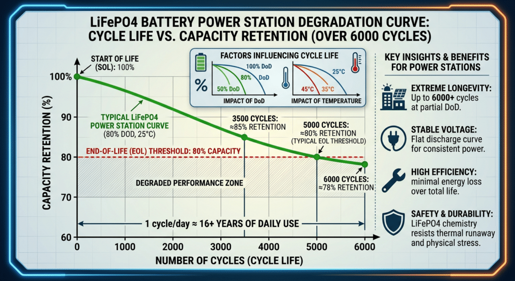 ifepo4 battery cycle life power station degradation curve showing capacity retention over 6000 cycles
