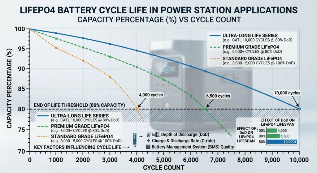 lifepo4 battery cycle life power station graph showing capacity percentage vs cycle count