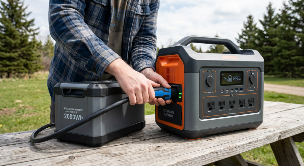 A high-capacity portable power station being connected to an external expansion battery module, demonstrating the easiest way to replace battery capacity.