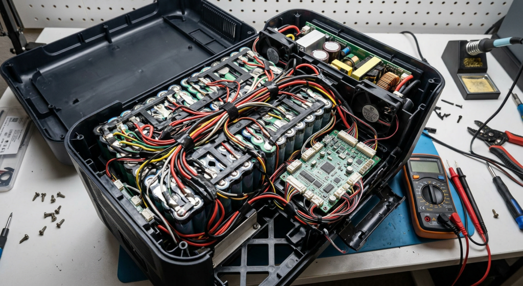 Internal view of a disassembled portable power station showing the complex lithium battery pack, BMS wiring, and cooling fans, illustrating the difficulty of DIY replacement.