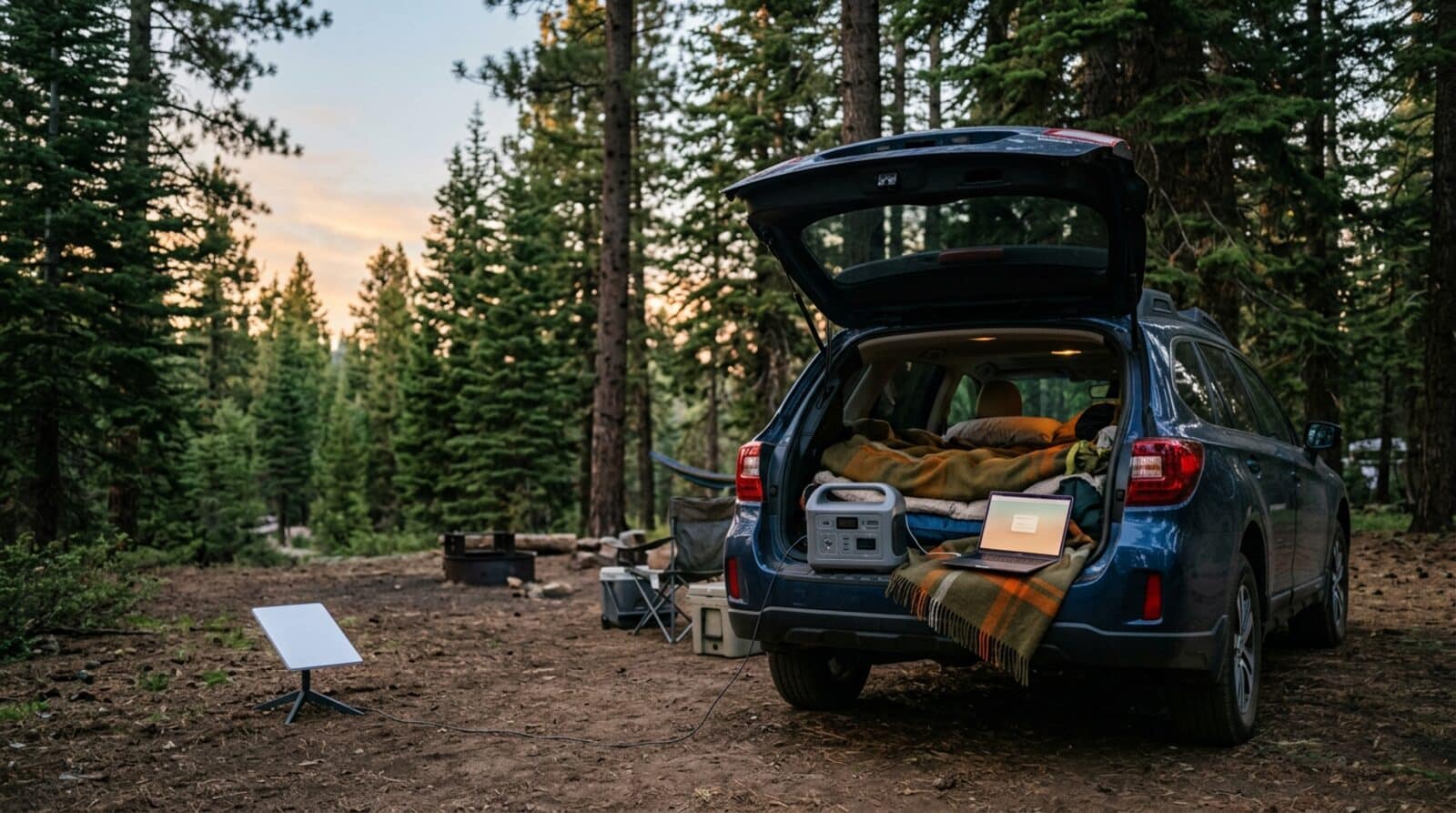 Power station for Starlink Mini running a satellite dish during car camping at dusk